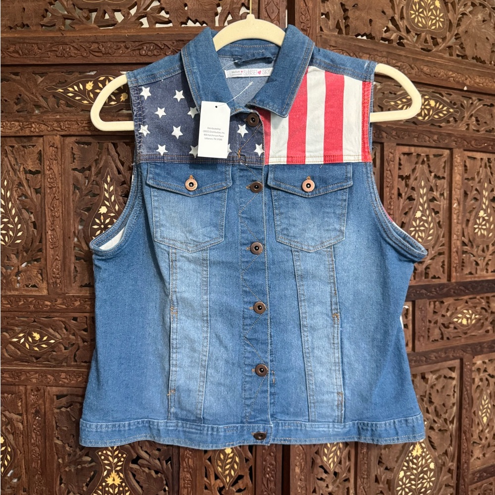 Denim Button Up Vest with American Flag Design